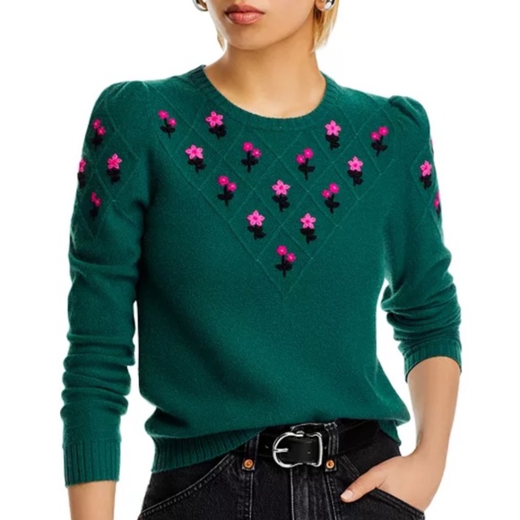 Luxurious 100% Cashmere Puff Sleeve Embroidered Floral Sweater By